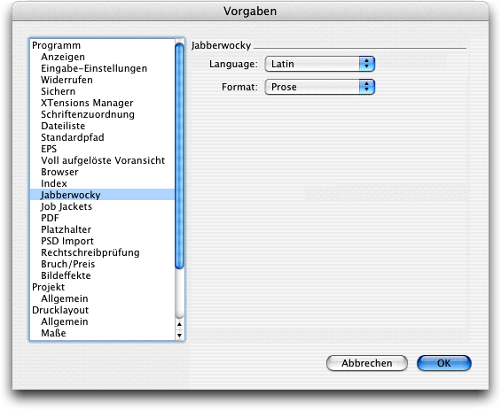 Screenshot – Vorgaben Jabberwocky in QXP