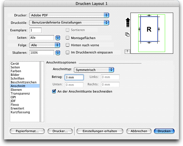 Screenshot – Druckmarken QuarkXPress