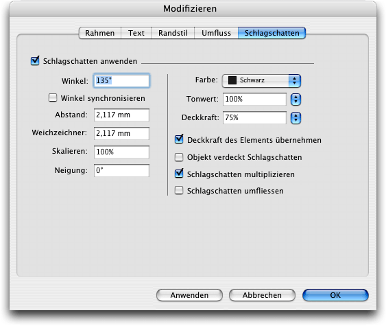Screenshot – Schatten in QuarkXPress